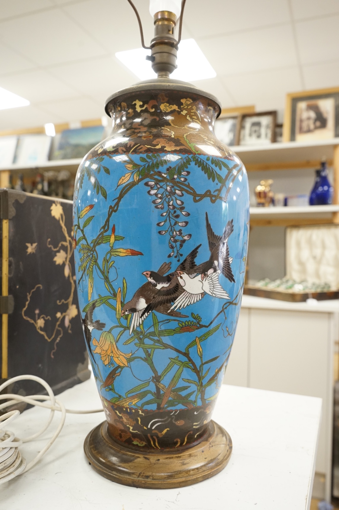 A large Japanese cloisonné enamel vase, Meiji period, converted to a table lamp, 44cm high excluding the fitting